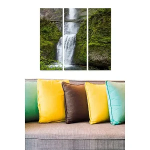 Nyhet Canvastavla i trä 3-delar 50x70 cm - Vattenfall omgiven av grönskande klippor Grön / Vit / Grå - Inredning