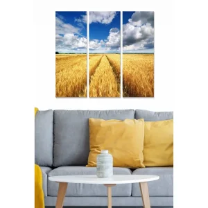 Trygg betalning Canvastavla i trä 3-delar 50x70 cm - Vacker landskapsvy med gyllene sädesfält under en blå himmel med moln Gyllene / Blå / Vit - Inredning