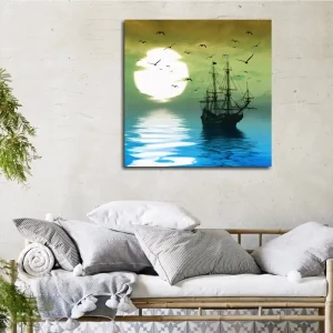 Billigare Canvastavla 45x45 cm - Skepp på spegelblanka vattenytor under en stämningsfull solnedgång Mörkblå / Grön / Vit - Inredning