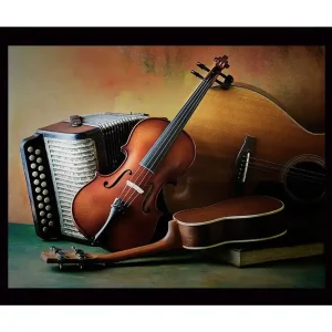 Inramad Canvastavla i trä - 41x56 cm - Stillhet med musikinstrument i fokus Brun / Beige / Grön - Inredning Billigare