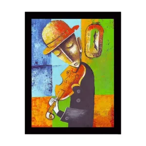 Rea Inramad Canvastavla i trä - 41x56 cm - Musiker som spelar fiol med en känsla av tidens gång Blå / Grön / Orange - Inredning