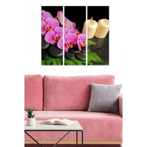 Premium Canvastavla i trä 3-delar 50x70 cm - Färgglada orkidéer med stenar och ljus Lila / Svart / Grön - Inredning