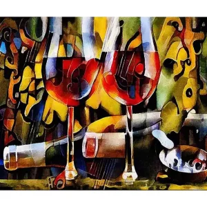 Canvastavla 70x100 cm - Två vinglas med röd vätska omgivna av abstrakta musikaliska och färgglada element Röd / Gul / Grön - Inredning Premium