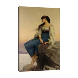 Canvastavla 70x100 cm - Ung kvinna sitter på en klippa med en eftertänksam blick, klädd i en blå klänning med vita ärmar Blå / Vit / Röd - Inredning Lågt pris