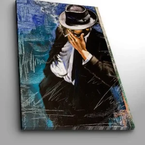 Canvastavla 70x100 cm - Stiliserad man i kostym som röker en cigarett, med en mystisk och nostalgisk atmosfär Mörkblå / Svart / Vit - Inredning Endast idag