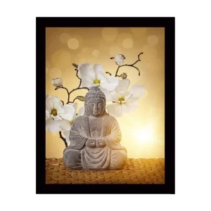 Snabb leverans Inramad Canvastavla i trä - 41x56 cm - Buddha-statyn omgiven av vita magnolior Grå / Vit / Gul - Inredning