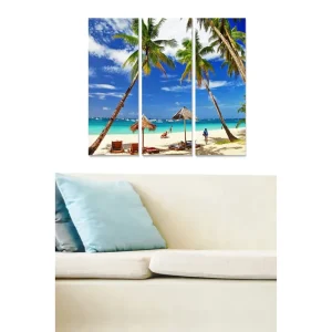 Populär Canvastavla i trä 3-delar 50x70 cm - Tropisk strand med palmer och klarblå himmel Blå / Grön / Beige - Inredning