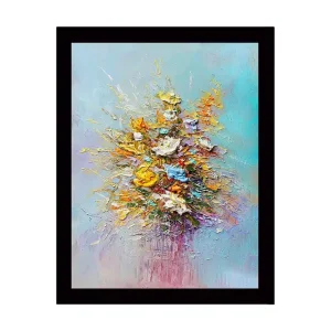 Utförsäljning Inramad Canvastavla i trä - 41x56 cm - Färgrik bukett av blommor Gult / Orange / Lila - Inredning
