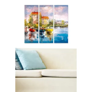 Canvastavla i trä 3-delar 50x70 cm - Vacker hamn med färgglada båtar och pittoreska byggnader vid vattnet Blå / Röd / Gul - Inredning Köp online