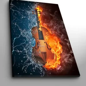 Canvastavla 70x100 cm - Violin som är omgiven av eld och vatten, vilket symboliserar kontrasten mellan elementen Orange / Blå / Brun - Inredning Expressleverans
