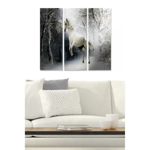 Canvastavla i trä 3-delar 50x70 cm - Vit enhörning i en snöig skogsmiljö Vit / Svart / Grå - Inredning Endast denna vecka