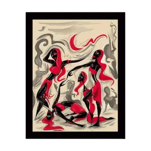 Inramad Canvastavla i trä - 41x56 cm - Dynamisk komposition med tre figurer i rörelse Röd / Svart / Beige - Inredning Köp online