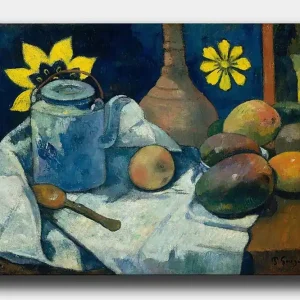 Canvastavla 70x100 cm - Stilleben med en blå kanna, frukter och en gul blomma Blå / Gul / Grön - Inredning Säker betalning