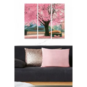Canvastavla i trä 3-delar 50x70 cm - Blomstrande körsbärsträd i en vacker parkmiljö Rosa / Grön / Brun - Inredning Reapris
