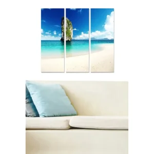 Canvastavla i trä 3-delar 50x70 cm - Vacker strand med klippformation och klarblå himmel Blå / Turkos / Vit - Inredning I lager