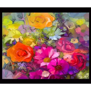 Inramad Canvastavla i trä - 41x56 cm - Färgrik bukett av blommor Rosa / Orange / Lila - Inredning Rabatt