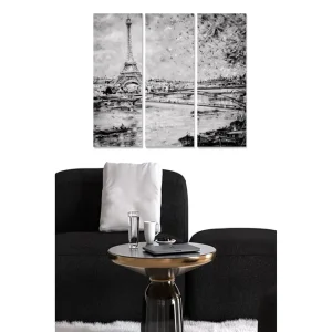 Canvastavla i trä 3-delar 50x70 cm - Silhuett av Eiffeltornet vid Seinefloden i Paris Svart / Vitt / Grått - Inredning Köp nu