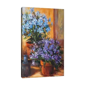 Beställ idag Canvastavla 70x100 cm - Färgglad komposition av blå och lila blommor i krukor Blå / Lila / Grön - Inredning