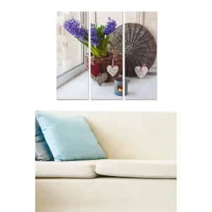 Canvastavla i trä 3-delar 50x70 cm - Färgrik bukett av hyacinter i en korg vid ett fönster Lila / Grön / Brun - Inredning Billig