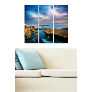 Premium Canvastavla i trä 3-delar 50x70 cm - Dramatiskt kustlandskap med klippor och hav Blå / Grön / Brun - Inredning