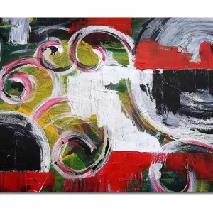 Nedsatt pris Canvastavla 70x100 cm - Abstrakt komposition med svarta cirklar och spiralformer i kontrasterande färger Röd / Svart / Vit - Inredning