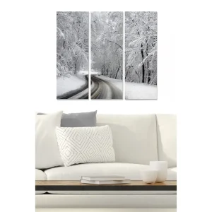 Canvastavla i trä 3-delar 50x70 cm - Vinterlandskap med snötäckta träd och en slingrande väg Vit / Grå - Inredning Billigare