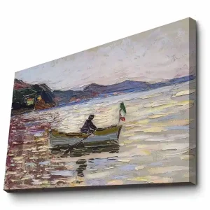 Canvastavla 70x100 cm - Båt med två personer som fiskar på en glittrande sjö under en ljus himmel Blå / Grön / Beige - Inredning Bästa pris