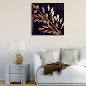 Outlet Canvastavla 45x45 cm - Gyllene växtmotiv med blad och bär på mörk bakgrund Guld / Mörkblå - Inredning