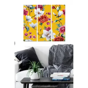 Utförsäljning Canvastavla i trä 3-delar 50x70 cm - Färgrik bukett av blommor på gul bakgrund Gul / Rosa / Vit - Inredning