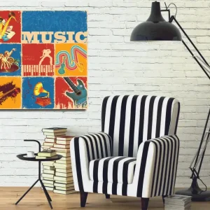 Canvastavla 45x45 cm - Färgglad musikaliskt inspirerad komposition med instrument och noter Blå / Röd / Gul - Inredning Billig