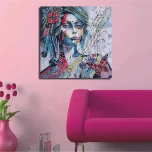 Canvastavla 45x45 cm - Porträtt av en kvinna med färgglada detaljer och fjärilar Rosa / Blå / Grön - Inredning Extra rabatt