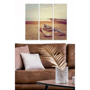 Canvastavla i trä 3-delar 50x70 cm - Båt på stranden vid solnedgången Sandfärgad / Blå / Rosa - Inredning Rabatt