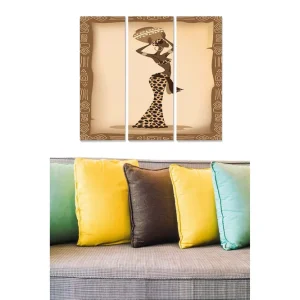 Säker betalning Canvastavla i trä 3-delar 50x70 cm - Stiliserad kvinna med traditionell klädsel och huvudbonad Brun / Beige / Svart - Inredning