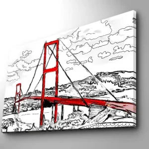 Canvastavla 70x100 cm - Stiliserad bild av en röd hängbro med omgivande landskap i svart och vitt Röd / Svart - Inredning Rea