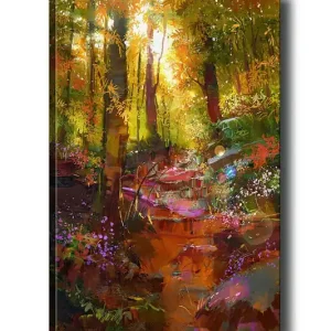 Canvastavla 70x100 cm - Färgglad skogsscen med en slingrande stig och blommor som blomstrar i ljuset Grön / Orange / Lila - Inredning Reapris