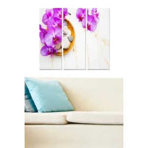 Canvastavla i trä 3-delar 50x70 cm - Lila orkidéer i en skål med stenar Lila / Beige / Vit - Inredning Outlet