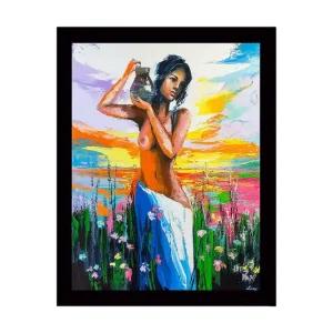Kampanj Inramad Canvastavla i trä - 41x56 cm - Kvinna som bär en kruka i en färgglad landskapsmiljö Orange / Grön / Blå - Inredning