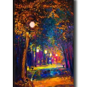 Canvastavla 70x100 cm - Färgstark park med gatulampor som lyser upp en promenadväg omgiven av träd i höstfärger Mörkblå / Orange / Lila - Inredning Utförsäljning