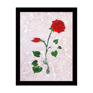 Inramad Canvastavla i trä - 41x56 cm - Röd ros med gröna blad på en mjukt marmorliknande bakgrund Röd / Grön / Ljusrosa - Inredning Lågt pris