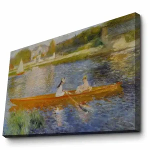 Canvastavla 70x100 cm - Två kvinnor som paddlar i en båt på en spegelblanka sjö Orange / Blå / Grön - Inredning Rabatter