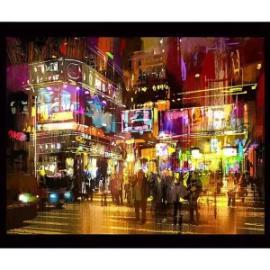Kampanjpris Inramad Canvastavla i trä - 41x56 cm - Livlig stadsscen med neonljus och människor i rörelse Lila / Gult / Orange - Inredning