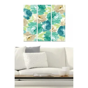 Canvastavla i trä 3-delar 50x70 cm - Färgglad blomsterkomposition med stora blommor Turkos / Beige / Ljusgrön - Inredning Erbjudandepris