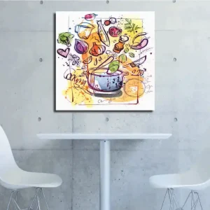 Canvastavla 45x45 cm - Färgglad komposition med köksredskap och grönsaker Grön / Lila / Orange - Inredning I lager