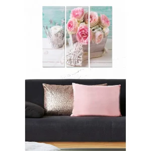 Billig Canvastavla i trä 3-delar 50x70 cm - Bukett av rosa rosor i en träkorg Rosa / Grå / Vit - Inredning