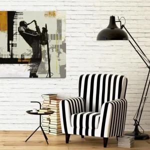 Säker betalning Canvastavla 45x45 cm - Jazzmusiker som spelar saxofon i en urban miljö Svart / Gult / Grått - Inredning