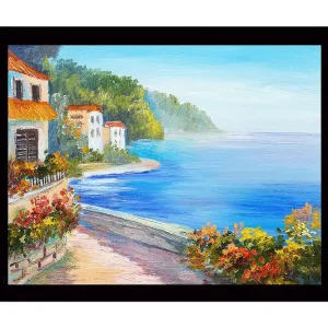 Billigare Inramad Canvastavla i trä - 41x56 cm - Vacker kustlandskap med färgglada hus och blomstrande växtlighet vid havet Blå / Grön / Orange - Inredning