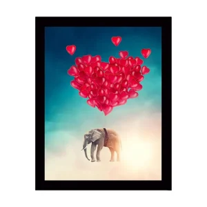 Inramad Canvastavla i trä - 41x56 cm - Elefant som svävar med hjärtformade ballonger Röd / Grå / Turkos - Inredning Sänkt pris
