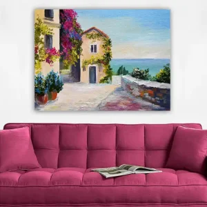 Begränsad tid Canvastavla 70x100 cm - Pittoresk kustscen med färgglada hus och blommor som omger en lugn gata vid havet Blå / Grön / Rosa - Inredning