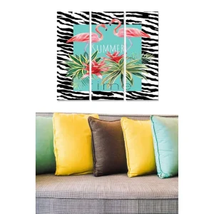 Canvastavla i trä 3-delar 50x70 cm - Flamingos omgivna av tropiska växter i en färgglad komposition Rosa / Grön / Svart - Inredning Erbjudande
