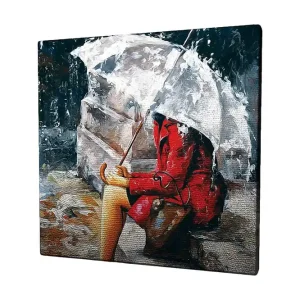 Canvastavla 45x45 cm - Kvinna i röd kappa som sitter under ett paraply i regnet Röd / Grå / Beige - Inredning Sänkt pris